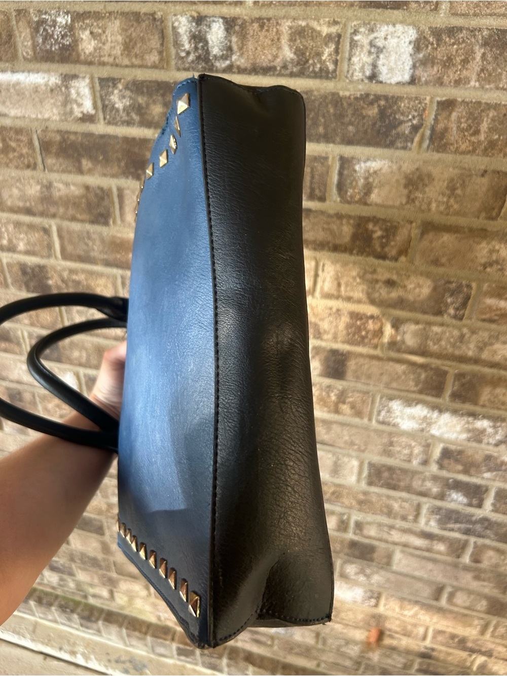 Black Rivet Blue Black Studded Satchel Handbag Gold Tone Shoulder Bag - Picture 5 of 11